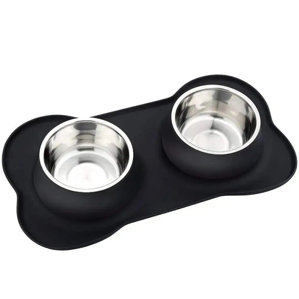 Anti-slip Durable Double Dog Drinking Water Food Feeder Bowl with Silicone Mat