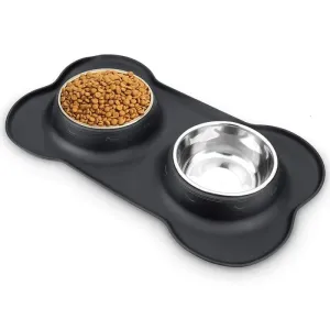 Anti-slip Durable Double Dog Drinking Water Food Feeder Bowl with Silicone Mat