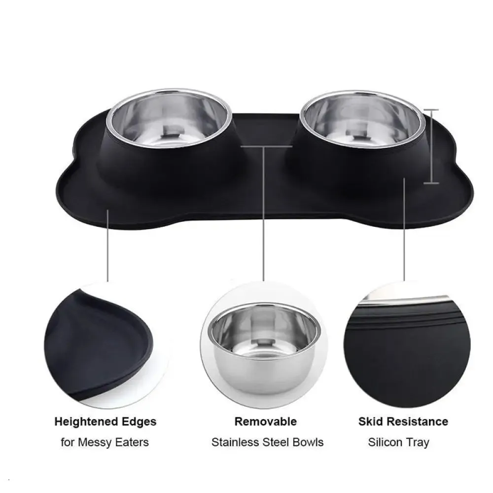 Anti-slip Durable Double Dog Drinking Water Food Feeder Bowl with Silicone Mat