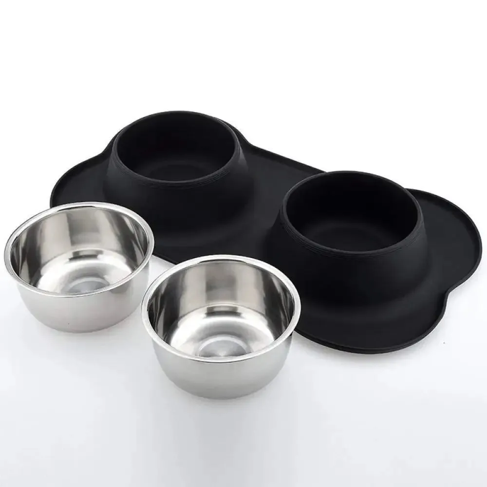 Anti-slip Durable Double Dog Drinking Water Food Feeder Bowl with Silicone Mat