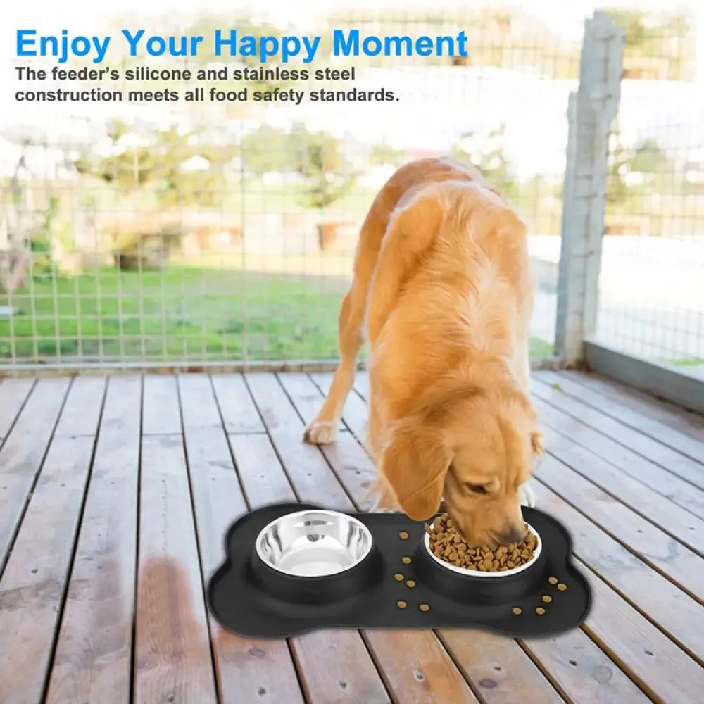 Anti-slip Durable Double Dog Drinking Water Food Feeder Bowl with Silicone Mat