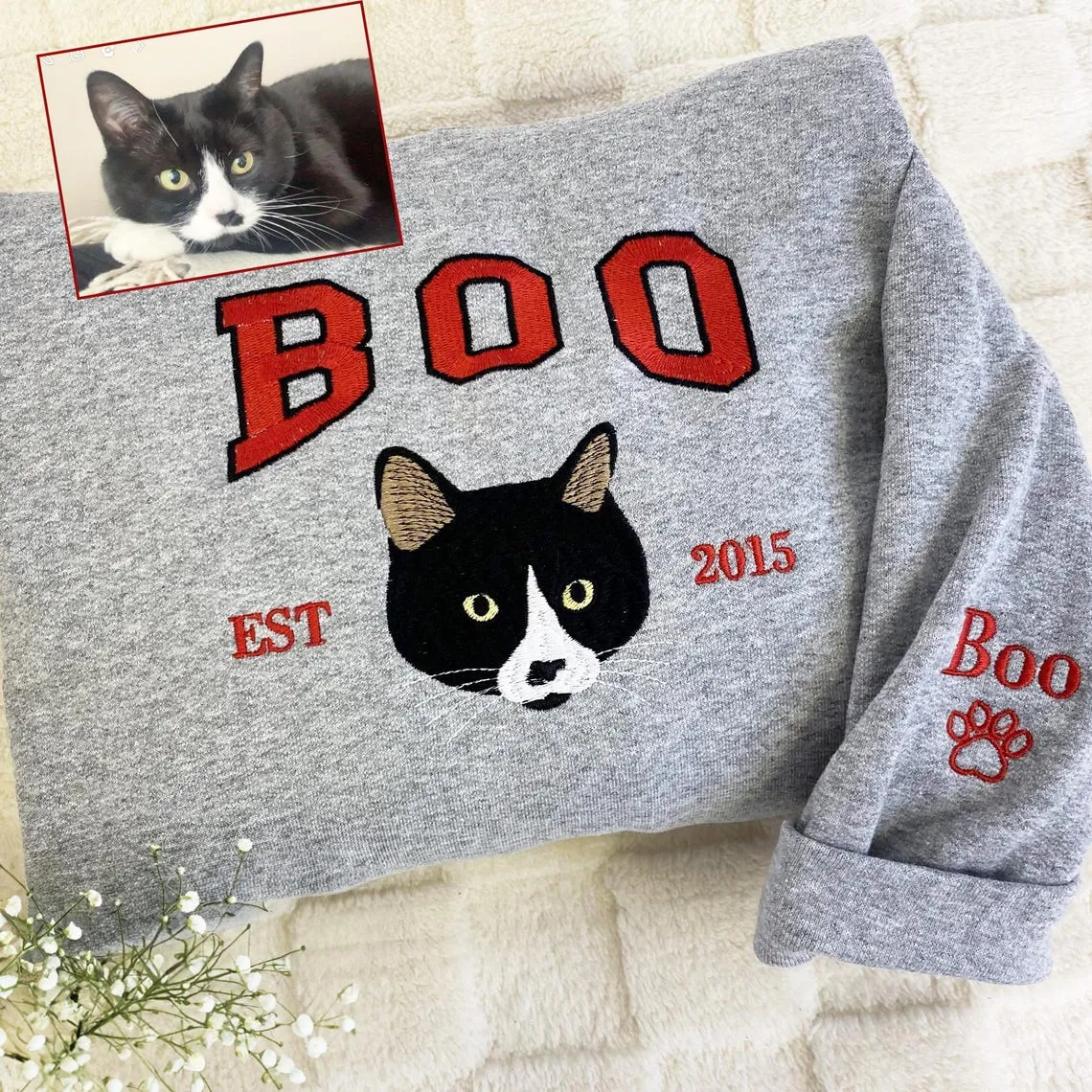 Embroidered Pet Face and Name EST Sweatshirt Hoodie Gift for Pet Lovers