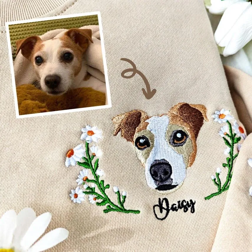 Embroidered Pet Face and Name Wreath Sweatshirt Christmas Gift For Pet Lovers