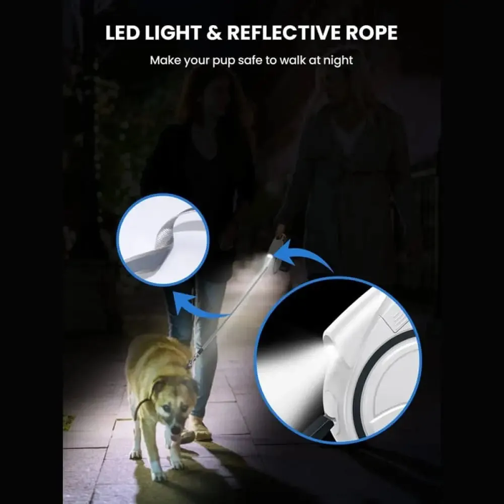 Flashlight Retractable 360 no Tangle Anti-slip Handle Dog Leash with Poop Bag Dispenser for Small Medium Dogs