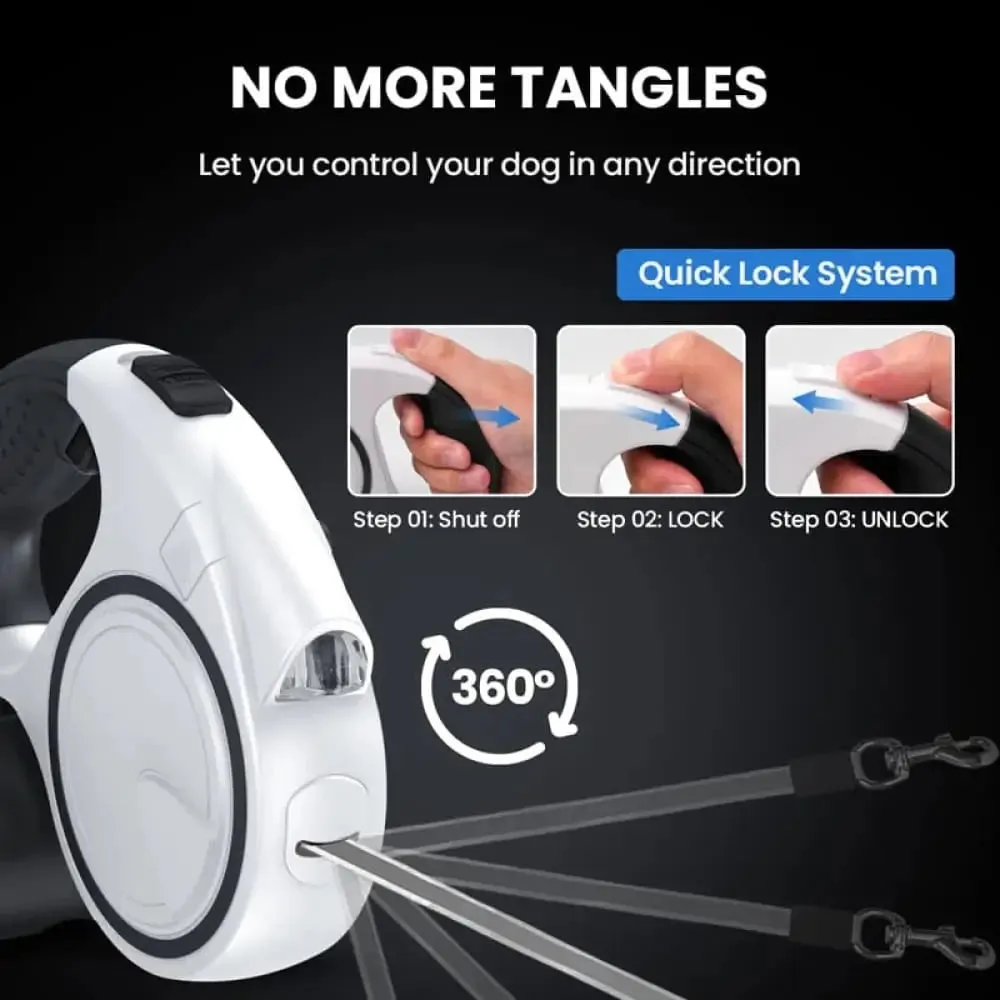 Flashlight Retractable 360 no Tangle Anti-slip Handle Dog Leash with Poop Bag Dispenser for Small Medium Dogs