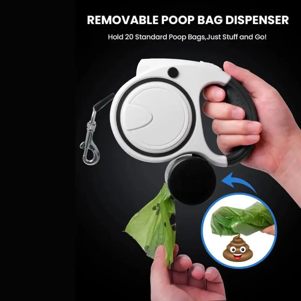 Flashlight Retractable 360 no Tangle Anti-slip Handle Dog Leash with Poop Bag Dispenser for Small Medium Dogs